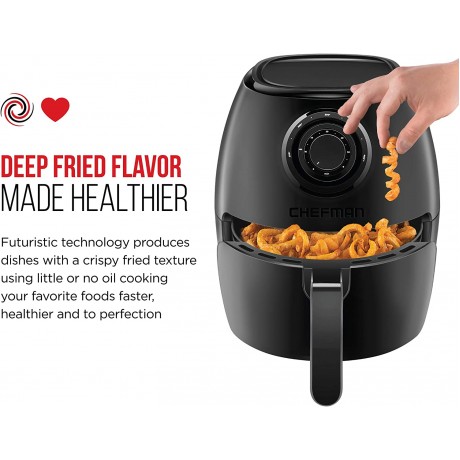 CHEFMAN Small Air Fryer Healthy Cooking 3.6 Qt Nonstick User Friendly and Dual Control Temperature w 60 Minute Timer & Auto Shutoff Dishwasher Safe Basket Matte Black Cookbook Included B07R6TZMZL
