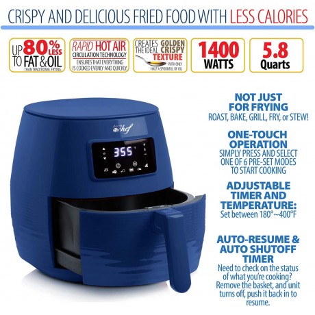 Deco Chef 5.8QT 19.3 Cup Digital Electric Air Fryer with Accessories and Cookbook- Air Frying Roasting Baking Crisping and Reheating for Healthier and Faster Cooking Blue B08QPPYQ7Y