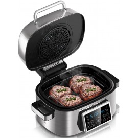 Grill and Air Fryer Combo CATTLEMAN CUISINE 10-in-1 Indoor Electric Grill Stainless Steel Air Fryer Grill with Air Grill Air Fryer Roast Bake Dehydrate Beef & Fries 6.5QT Silver B09DNZD9J8