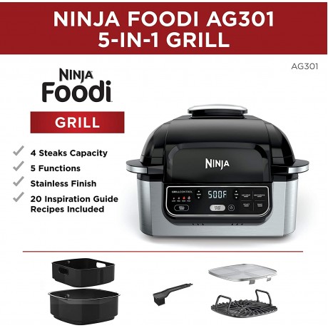 Ninja Foodi 5-in-1 4-qt. Air Fryer Roast Bake Dehydrate Indoor Electric Grill AG301 10inch x 10inch Black and Silver Renewed B07XD4QV9H