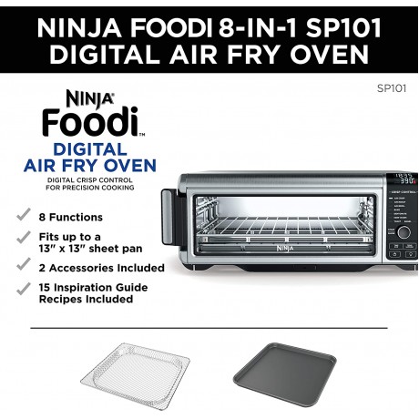 Ninja SP101 Digital Air Fry Countertop Oven with 8-in-1 Functionality Flip Up & Away Capability for Storage Space with Air Fry Basket Wire Rack & Crumb Tray Silver B07SCGY2H6