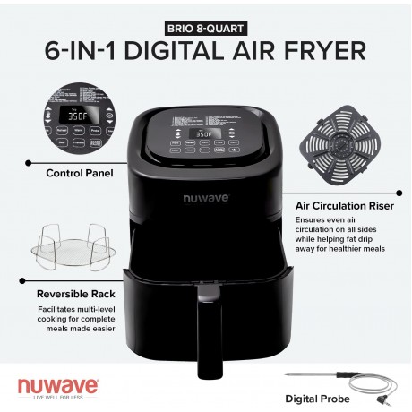 NuWave 8-Quart 6-in-1 Brio Healthy Smart Digital Air Fryer with One-Touch Digital Controls Integrated Digital Temperature Probe & Advanced Cooking Functions B089NKT312