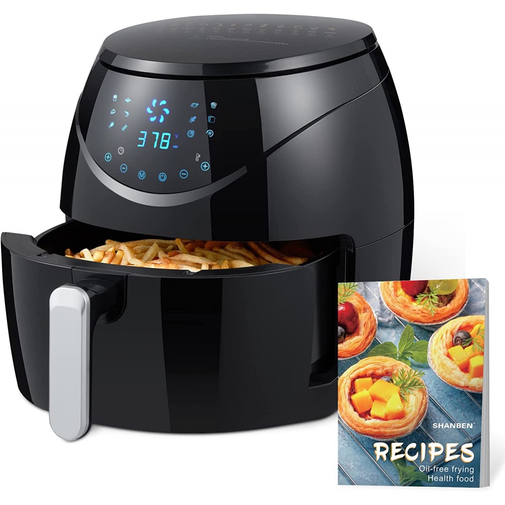 SHANBEN 7 Quart Air Fryer Pro Max 12-in-1 XL Large Airfryer oven Cooker with Cookbook Large Family Size Electric Hot Air Fryer Oven with Customized Temp Time LED Digital Touch Screen and Reminder 1700 W Black B09C1X46BP