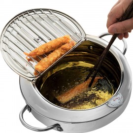 Yopay 304 Stainless Steel Deep Fryer Pot Frying Chicken Pot Tempura deep Fryer with a Thermometer and a lid Japanese Style Tempura Fryer Pan 2.2L  Diameter: 6.5"  B08LBG9Q96