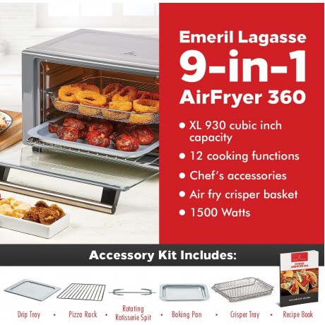 Emeril Lagasse Power Air Fryer 360 Better Than Convection Ovens Hot Air Fryer Oven Toaster Oven Bake Broil Slow Cook and More Food Dehydrator Rotisserie Spit Pizza Function Cookbook Included Stainless Steel B07NLHMYH4
