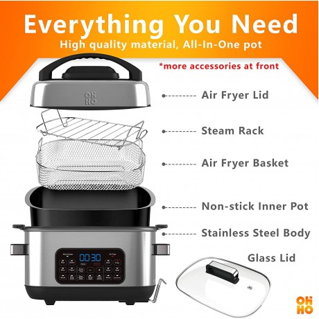 OHHO Stainless Steel 12-In-1 Air Fryer Multi-Cooker 6.5QT Combo with Digital One Touch Duo Control System: Multi-Cooker Air Fryer Slow Cooker Steamer Saute Roaster Etc. With a Deluxe Accessories Kit and a 200+ Digital Recipes 6L Air fryer and multicooker
