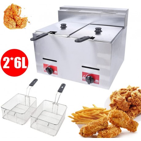 Commercial Gas Deep Fryer,Stainless Steel Countertop Low Pressure Deep Double Pot Frying Machine,w Frying Baskets and Lids,Restaurant Kitchen Equipment for French Fries Donuts,6L*2 B B09WR9R5ZX
