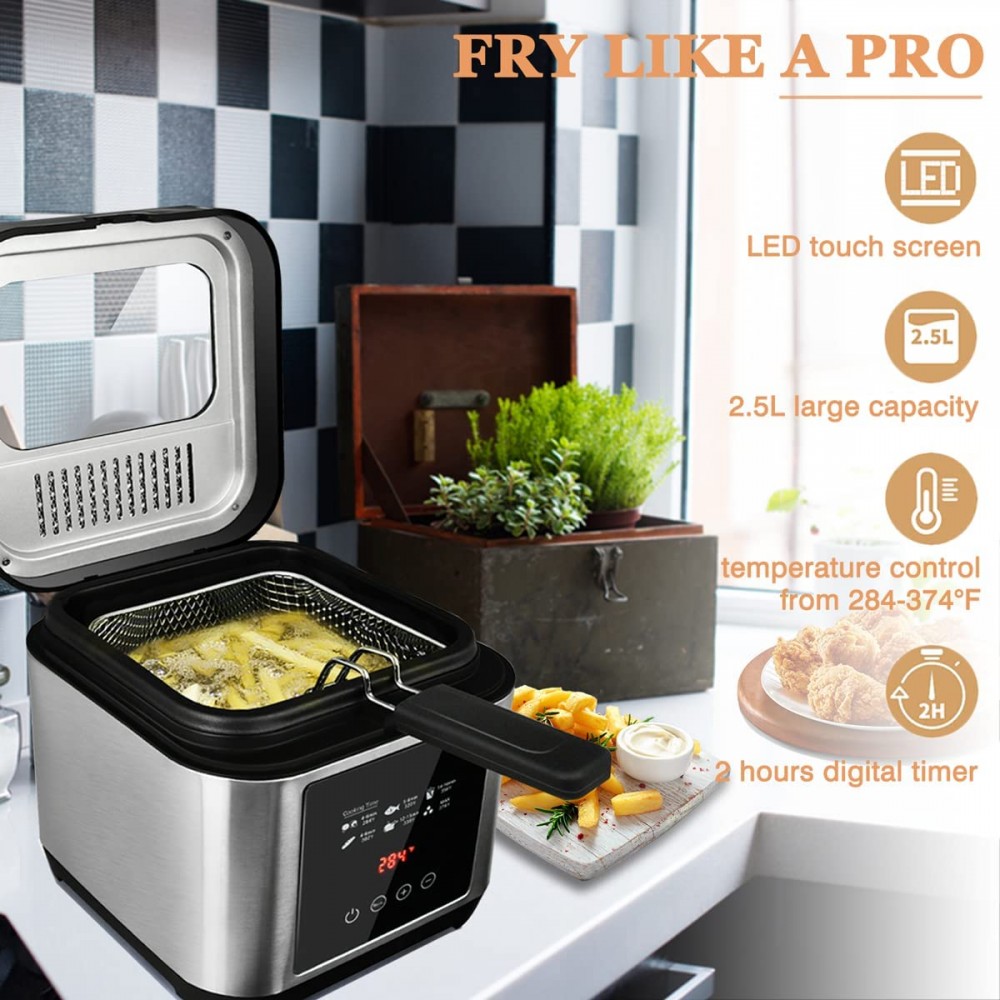 Deep Fryer CUSIMAX Electric Deep Fryer with Basket Oil Thermostat 2.5L 2.64QT Deep Fat Fryers with Timer Removable Lid View Window Cool Touch Handle Stainless Steel Oil Fryer with Drain Hook B097PL4NXR
