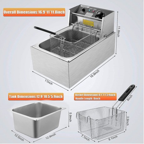 Electric Deep Fryer with Basket & Lid 1700W 6L Stainless Steel Commercial Frying Machine Countertop French Fryer with Temperature Control for Home Kitchen Restaurant B095YS2YZP