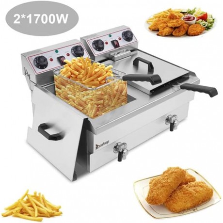 Electric Deep Fryer with Basket & Lid 3400W 16.9QT Stainless Steel Large Commercial Fryer with Double Tank Temperature Control Countertop French Fryer Oil Deep Fryer for the Home Restaurant B0B3QS15HB
