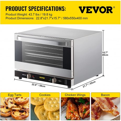 VEVOR Commercial Convection Oven 47L 43Qt Half-Size Conventional Oven Countertop 1600W 4-Tier Toaster w Front Glass Door Electric Baking Oven w Trays Wire Racks Clip Gloves 120V ETL Listed B09Q8JG3XR
