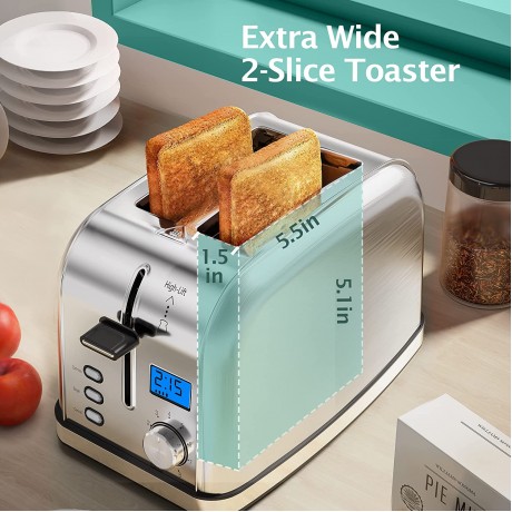 Toaster 2 Slice LCD Display 1.5 In Wide Slot with 8 Shade Settings 2 Slice Toaster with Bagel Defrost Reheat Cancel Settings Compact Bread Toaster & Removable Crumb Tray Stainless Steel Toaster B09W465ZZZ