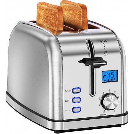 Toaster 2 Slice LCD Display 1.5 In Wide Slot with 8 Shade Settings 2 Slice Toaster with Bagel Defrost Reheat Cancel Settings Compact Bread Toaster & Removable Crumb Tray Stainless Steel Toaster B09W465ZZZ
