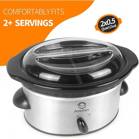 Ateken Supper Mini Slow Cooker 2x0.5 Quart Oval Double-Flavor Black Ceramic Pot Stainless Steel Silver Suit for Dipping Sauce B08J2B3JQV