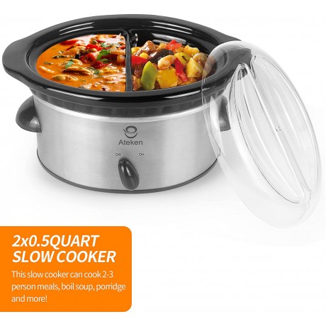 Ateken Supper Mini Slow Cooker 2x0.5 Quart Oval Double-Flavor Black Ceramic Pot Stainless Steel Silver Suit for Dipping Sauce B08J2B3JQV