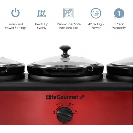 Elite Platinum EWMST Adjustable Temp Dishwasher-Safe Oval Ceramic Pots Lid Rests 3 x 2.5Qt Capacity Red B07D7MF5HF