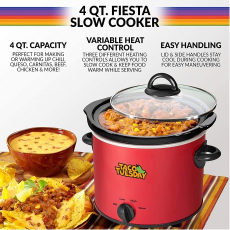 Taco Tuesday 4-Quart Fiesta Slow Cooker With Tempered Glass Lid Cool-Touch Handles Removable Round Ceramic Pot Red B0882D4PJ2