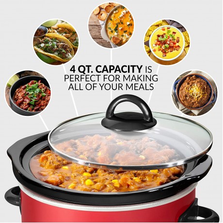Taco Tuesday 4-Quart Fiesta Slow Cooker With Tempered Glass Lid Cool-Touch Handles Removable Round Ceramic Pot Red B0882D4PJ2