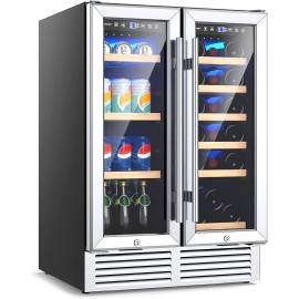 COSTWAY Wine and Beverage Refrigerator 24 Inch Dual Zone Beverage Fridge Cellar with Memory Temperature Control 2 Safety Lock LED Light Built-In or Freestanding 2-in-1 Wine Cooler for 19 Bottles and 57 Cans B09YMFV63H