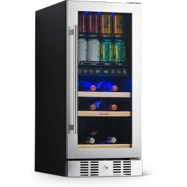 NewAir 15” Wine Beer Beverage Refrigerator Cooler | 9 Bottle 48 Can Capacity | Stainless Steel Built-in or Freestanding Dual Zone Drink Fridge |Triple-Pane Glass Door Digital Temperature Control B08GS6YR8Y