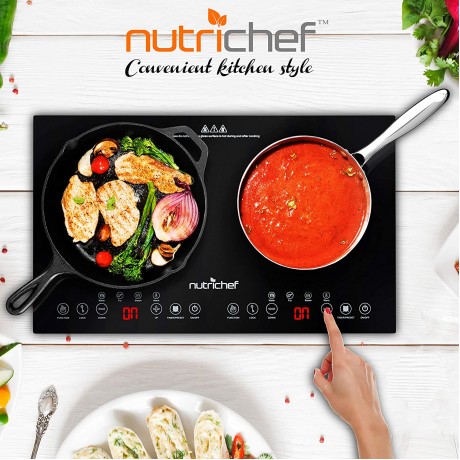 Double Induction Cooktop Portable 120V Portable Digital Ceramic Dual Burner w Kids Safety Lock Works with Flat Cast Iron Pan,1800 Watt,Touch Sensor Control 12 Controls NutriChef PKSTIND48 B0753699Y2