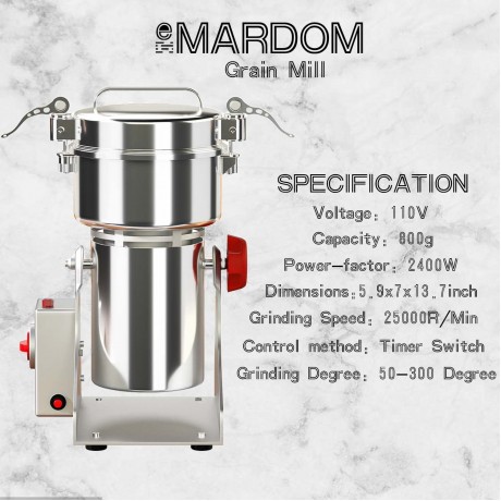 Emardom 800g Electric Grain Mill Spice Grinder Stainless Steel Commercial Powder Machine Dry Pulverizer with Extra Customize Brush Easy to Clean B09F64KTGD