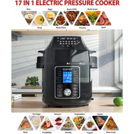 Electric Pressure Cooker KUPPET 17-in-1 Multifunctional Pressure Cooker with Air Fryer Lid Slow Cooker Yogurt Maker and Warmer 6 Quart Stainless Steel Black B091CHFNX4