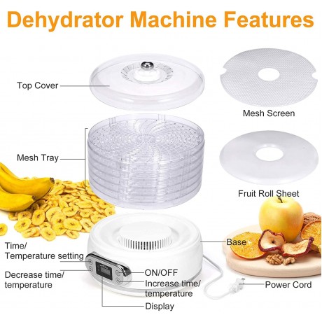 KGK Dehydrator for Food and Jerky 6 Trays Food Dehydrator with Mesh Screen&Fruit Roll Sheet Digital Timer&Temperature Control Electric Dehydrator for Fruit Meat Vegetable Dog Treats 400W BPA-Free B08KT9N1HG