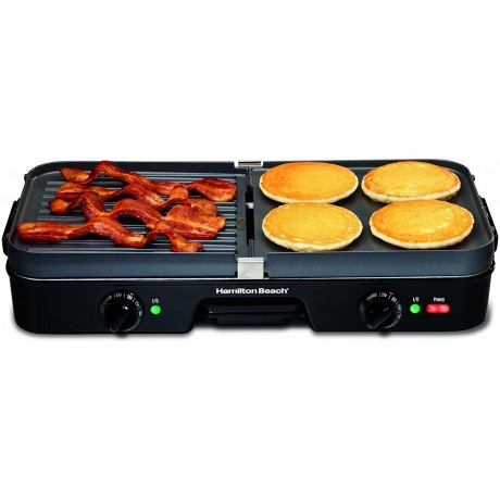 Hamilton Beach 3-in-1 Electric Indoor Grill + Griddle 8-Serving Reversible Nonstick Plates 2 Cooking Zones with Adjustable Temperature 38546 Black B0083I7TCI