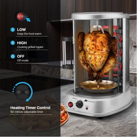 Flexzion Vertical Rotisserie Oven Grill Countertop Shawarma Machine Kebab Electric Cooker Rotating Oven Stainless Steel Roaster w Bake Ware Kebob Skewers Stain Resistant Rotisserie Machine B077NYKV6L