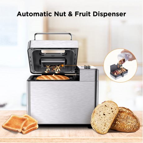 15-in-1 Bread Maker with Fruit and Nut Dispenser 2.2LB Fully Stainless Steel Bread Machine Nonstick Ceramic Pan 3 Loaf Sizes & 3 Crust Colors Recipes Silver B09SHF9GYT