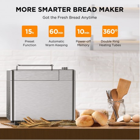 15-in-1 Bread Maker with Fruit and Nut Dispenser 2.2LB Fully Stainless Steel Bread Machine Nonstick Ceramic Pan 3 Loaf Sizes & 3 Crust Colors Recipes Silver B09SHF9GYT