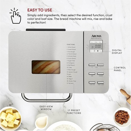 Aroma Housewares Professional 2 lb. Digital Bread Maker 17 Preset Functions and 3 Crust Colors Automatic Fruit & Nut Dispenser Stainless Steel ABM-270 silver B0932GKS24